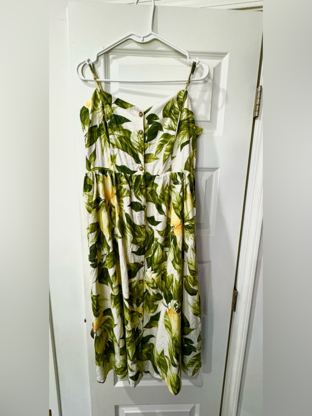 H&M Sleeveless Linen Cotton Midi Dress with Green Leaf & Yellow Lemon Print in M
